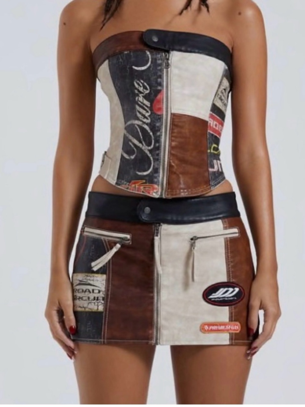 Jaded London Daytona Patchwork Vegan Leather Corset Top & Mini Skirt Set